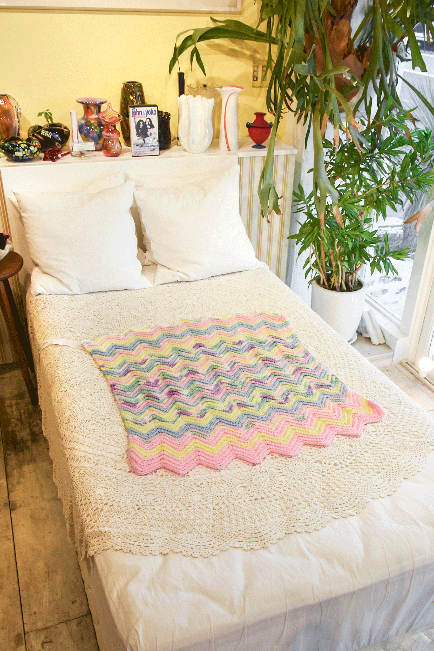 ヴィンテージ　クロシェ編み　大判　ラグ　生地　リメイク　ブランケット グレー Vintage Crochet Rug No.9 – RAYDY