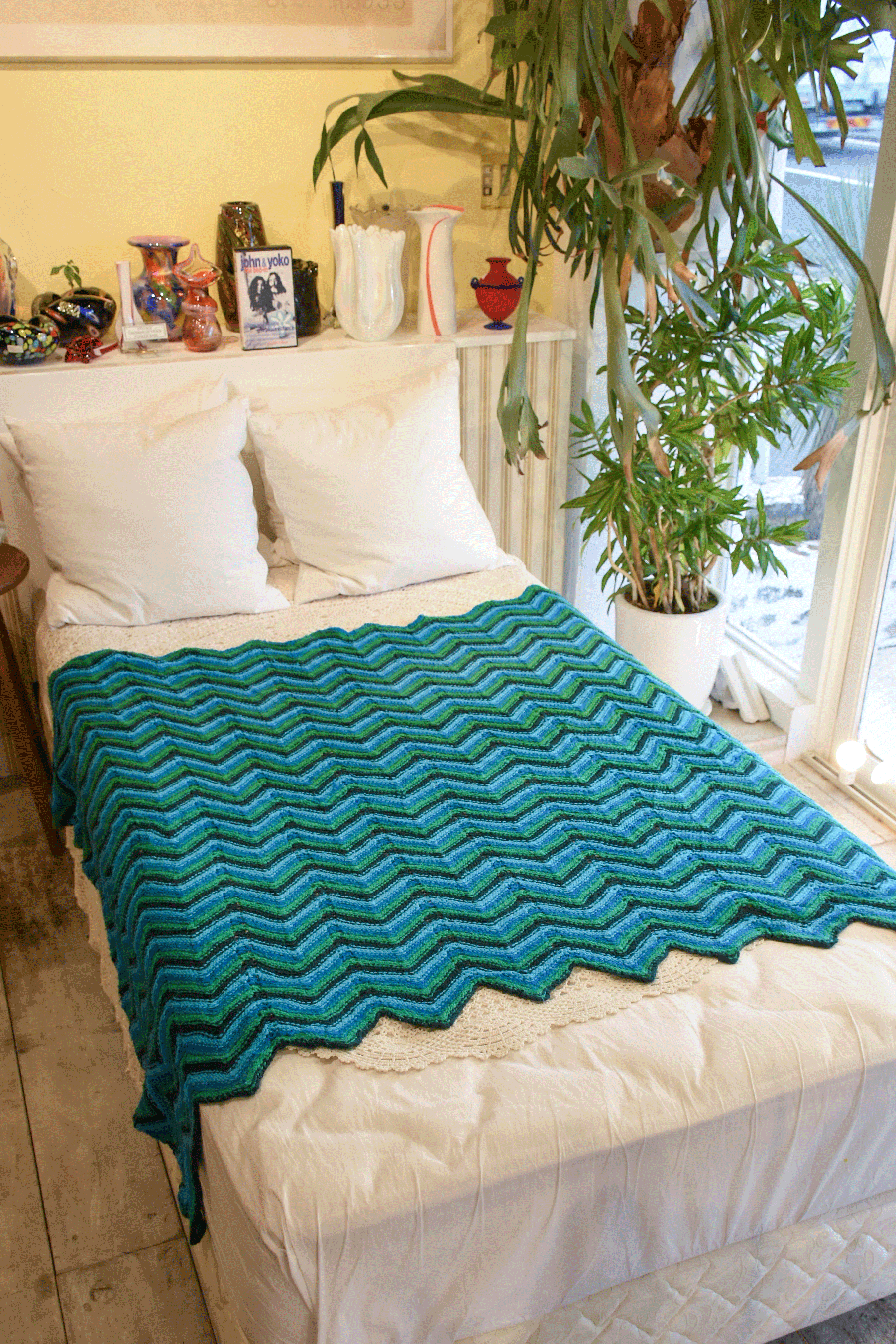 ヴィンテージ　クロシェ編み　大判　ラグ　生地　リメイク　ブランケット グレー Vintage Crochet Rug No.4 – RAYDY